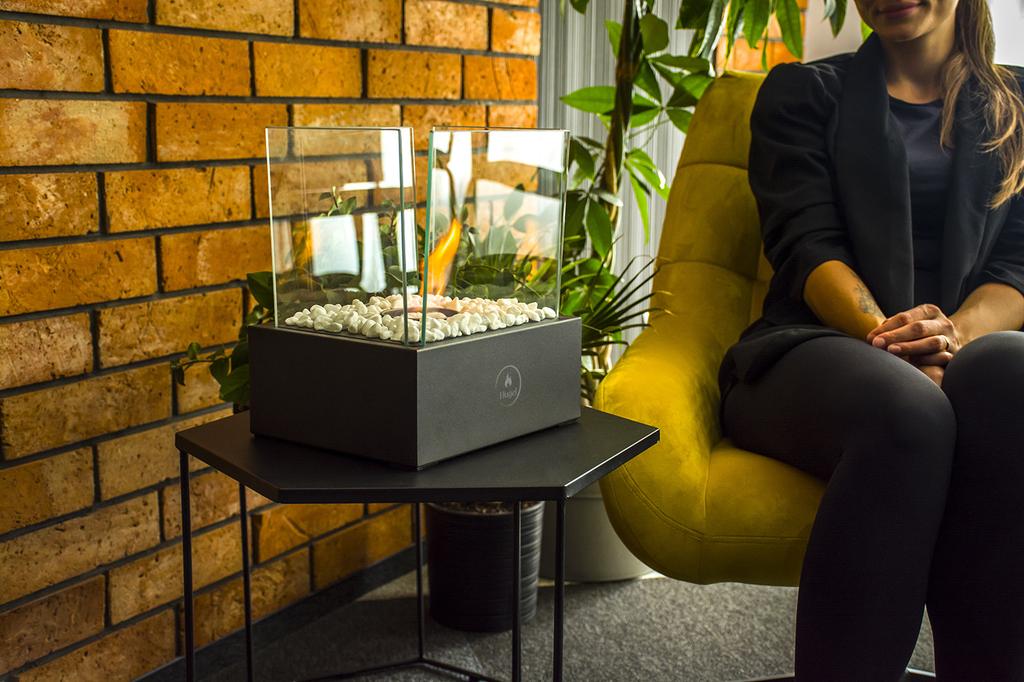 Bio fireplace, free-standing bio fireplace for the terrace, glass table, garden, standing