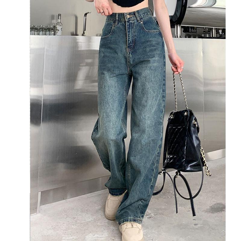 Spring and Autumn Women's  Wide Leg Jeans High Waisted Contrasting Straight Leg Pant Lady Loose Pants Streetwear