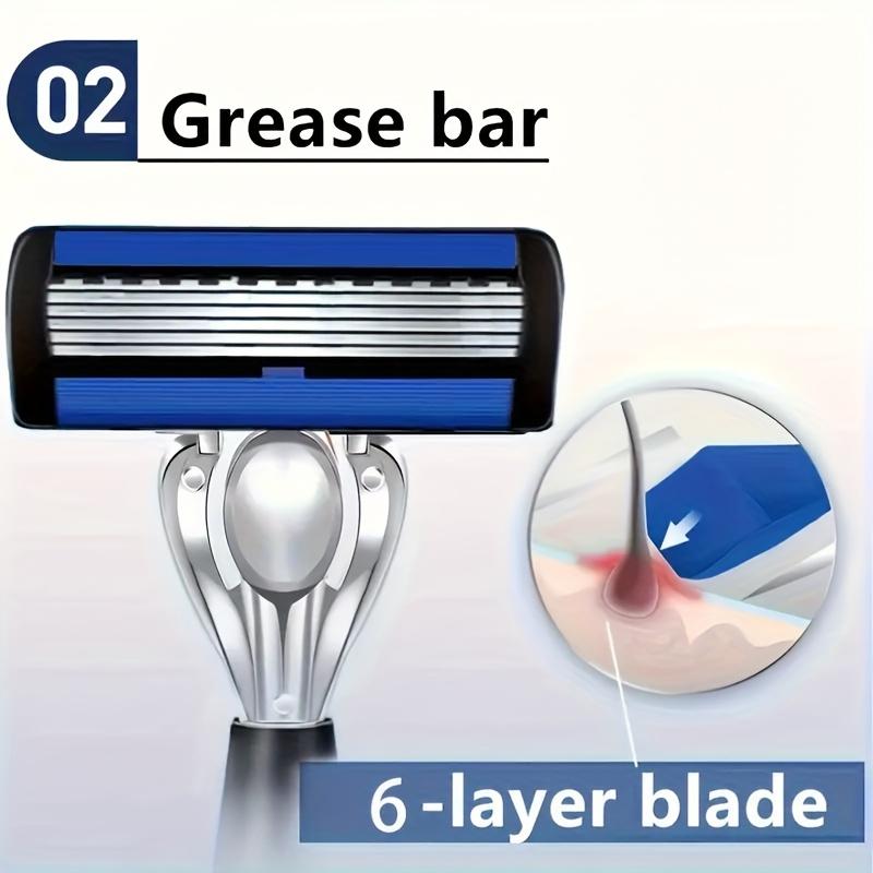 Six-layer Blades Minimize Irritation, Reusable Frame, Imported Blades, and Simple Head Interchange Options.