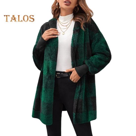 

Женский свитер, пальто с открытым передом, капюшоном, длинным рукавом, клетчатый принт, вязаное пальто, свободный крой, трикотаж средней длины XXL зелёный