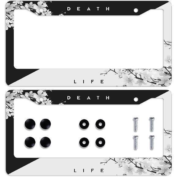 Japanese Cherry Tree Blosson License Plate Frame 2 Pack Black And White License Plate Personalise License Plate Frames Rust-Proof Stainless Steel
