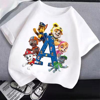 Cute PAW Patrol T-shirt Letter A-Z Boys Girls Clothes Short Sleeve Summer Cartoon Kids Birthday Toddler Cotton Outdoor Wear Gift