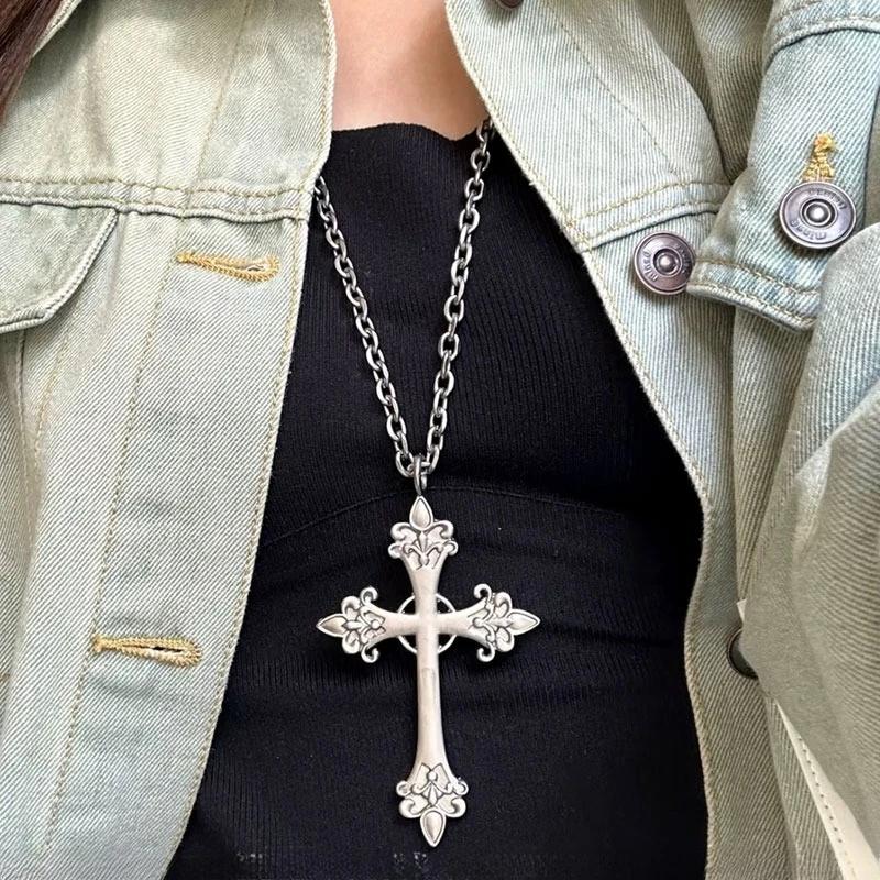 Women Silver Cross Choker Fashion Punk Gothic Rose Cross Pendants Necklace for Y2k Hip Hop Necklace Sweater Chain Gifts
