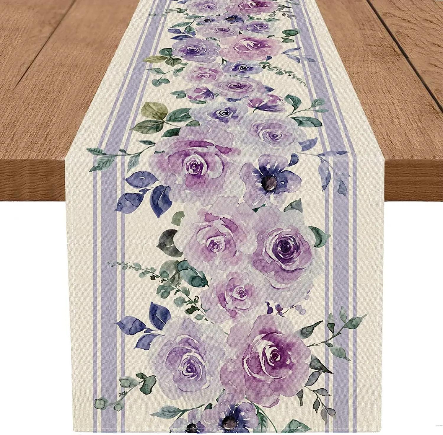 Paarse Bloembladeren Linnen Tafel Runner Feestdecoratie Wasbare Paarse Bloem Tafel Runner Keukentafel Bruiloft Decoratie 150x33cm gray