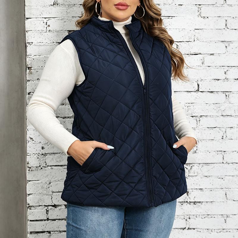 Plus Size Solid Color Quilted Vest Coat Women Stand Collar Zip Waistcoat