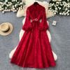 High-end elegant women's dress, new French heavy industry crochet flower waist single-breasted slim-fitting lace dress