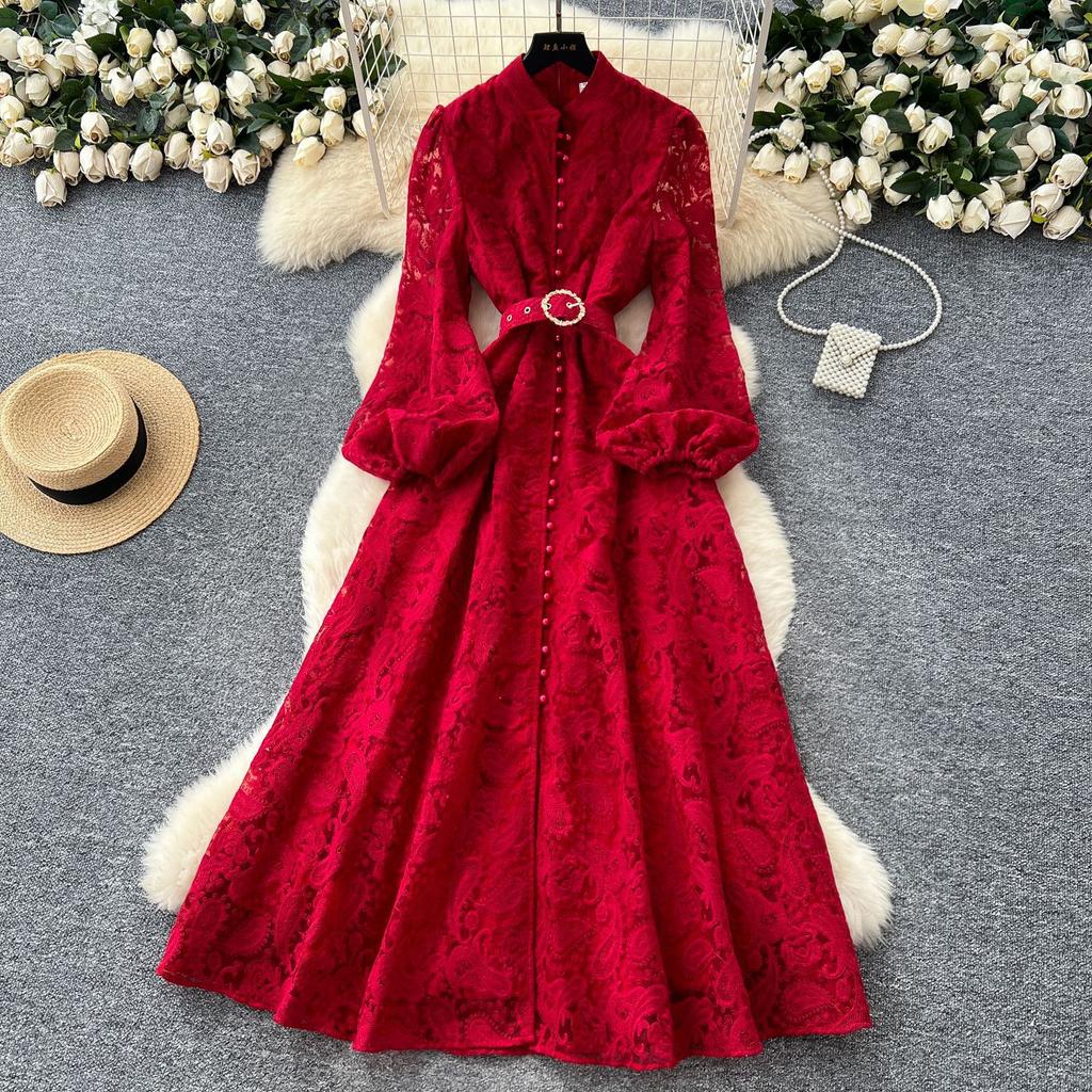 High-end elegant women's dress, new French heavy industry crochet flower waist single-breasted slim-fitting lace dress