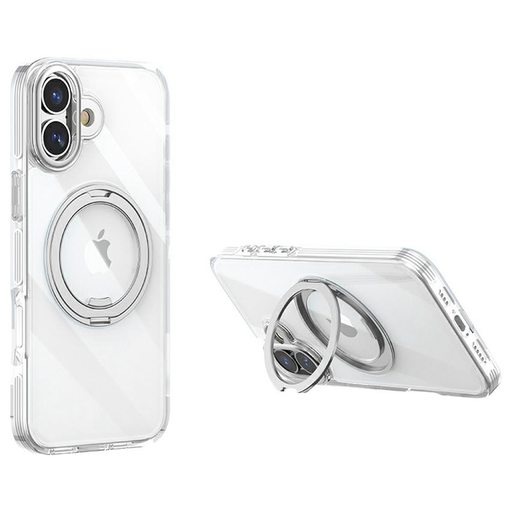 For iPhone 16 Plus Case Compatible with MagSafe Gear Fulcrum Kickstand Electroplating Lens Frame PC+TPU Phone Cover