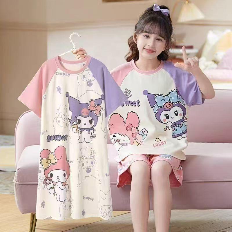Three-Piece Girls' Pajama Set: Short Sleeve, Long Pants, Lightweight Sleepwear for Kids