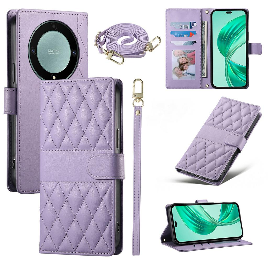 Wallet Case for Honor Magic8 Lite 5G/X70 5G/X9d 5G Rhombus Stitching Stand Leather Phone Cover with Long/Short Strap