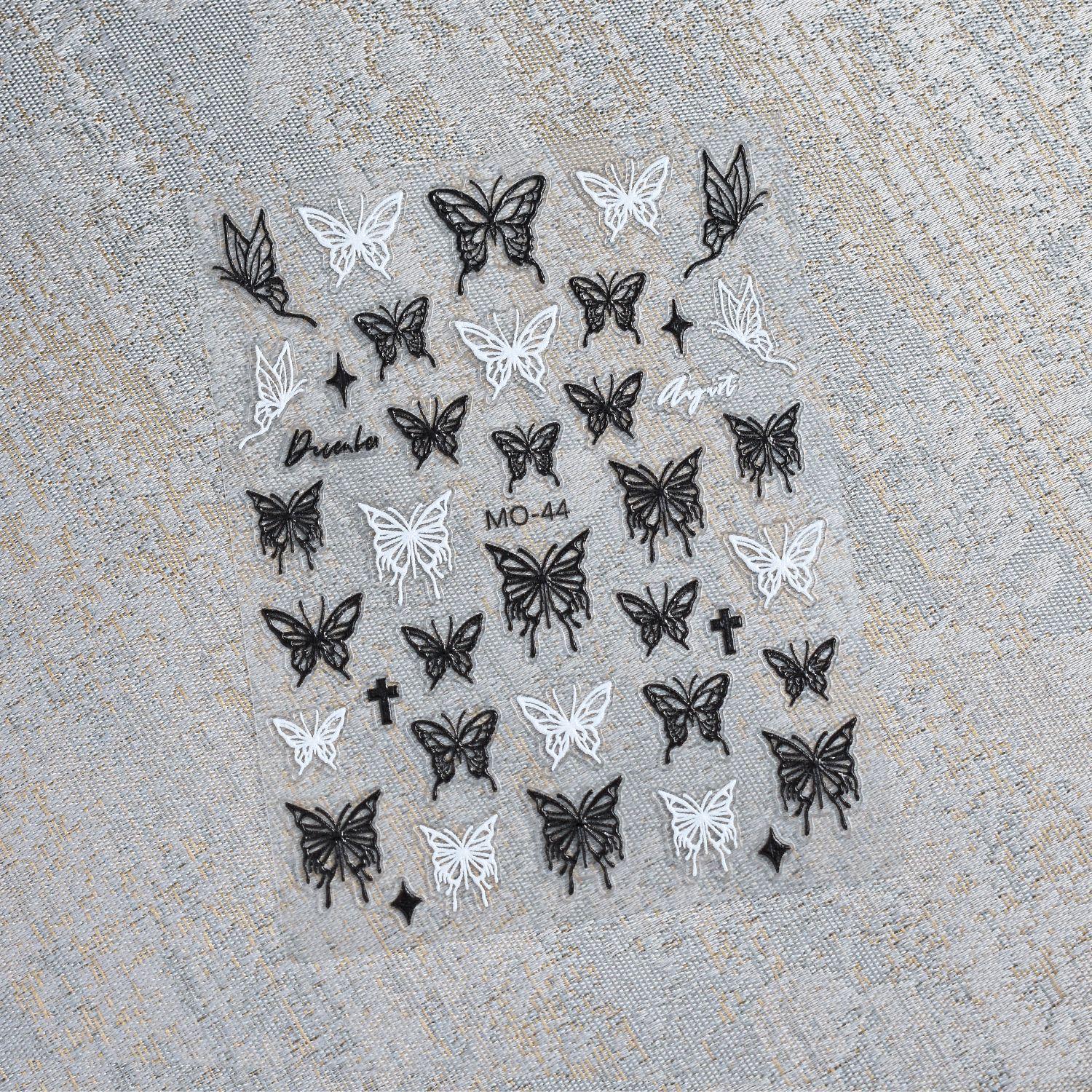 3D Embossed Black & White Butterfly Nail Art Stickers with Starry Wings