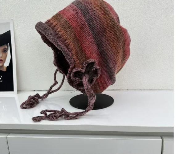 New gentle wind lace-up flower knitted hat women's big head circumference shows face small spring and summer sun protection breathable wool hat