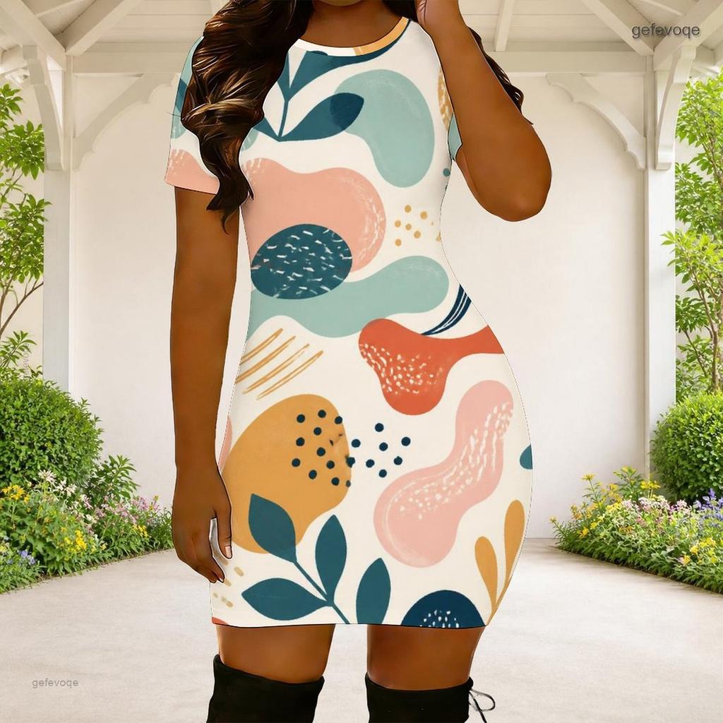 Women Plus Size Round Neck Short Sleeve Colorful Printed Fitted Mini Dress