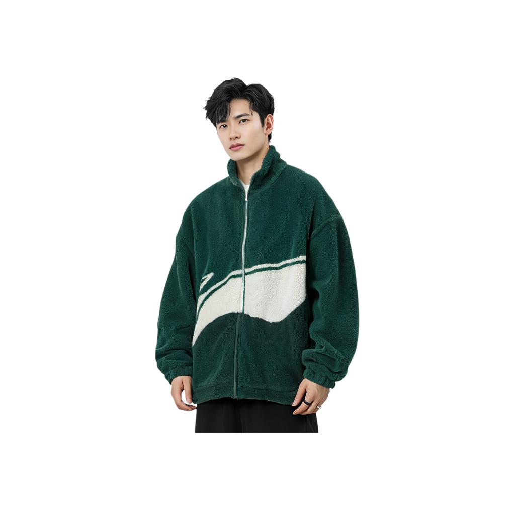 Li Ning Color Block Logo Casual Lamb Fleece Stand Collar Cotton Jacket Unisex Outerwear Duck-Green AJMS107-8