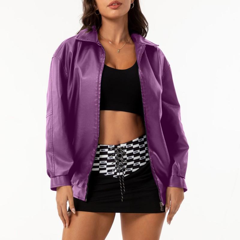 Womens Oversized PU Leather Jacket Loose Fit Long Sleeve Turn-Down Collar Casual Coat