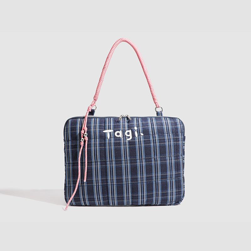 

2025 winter new plaid imagination denim drawstring bag double pocket tassel large capacity bundle backpack