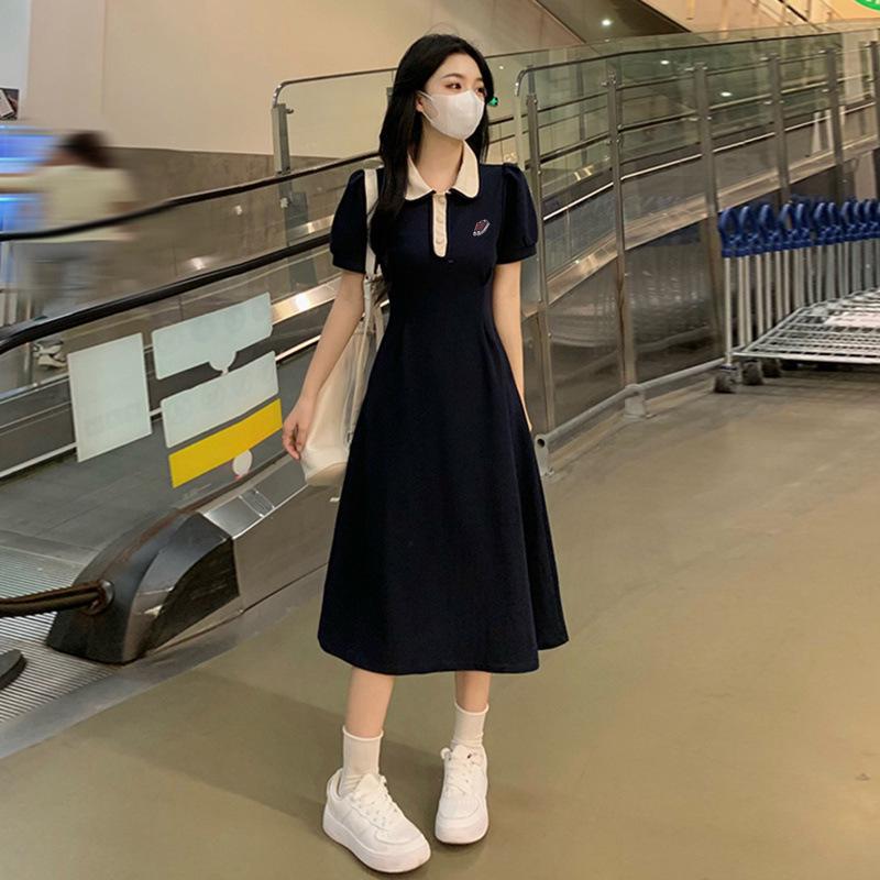 

Girls Summer 2025 Polo Collar Dress - College Style, Waist-Cinching Sports Long Skirt for Middle & High School Students 3XL темно-синього кольору