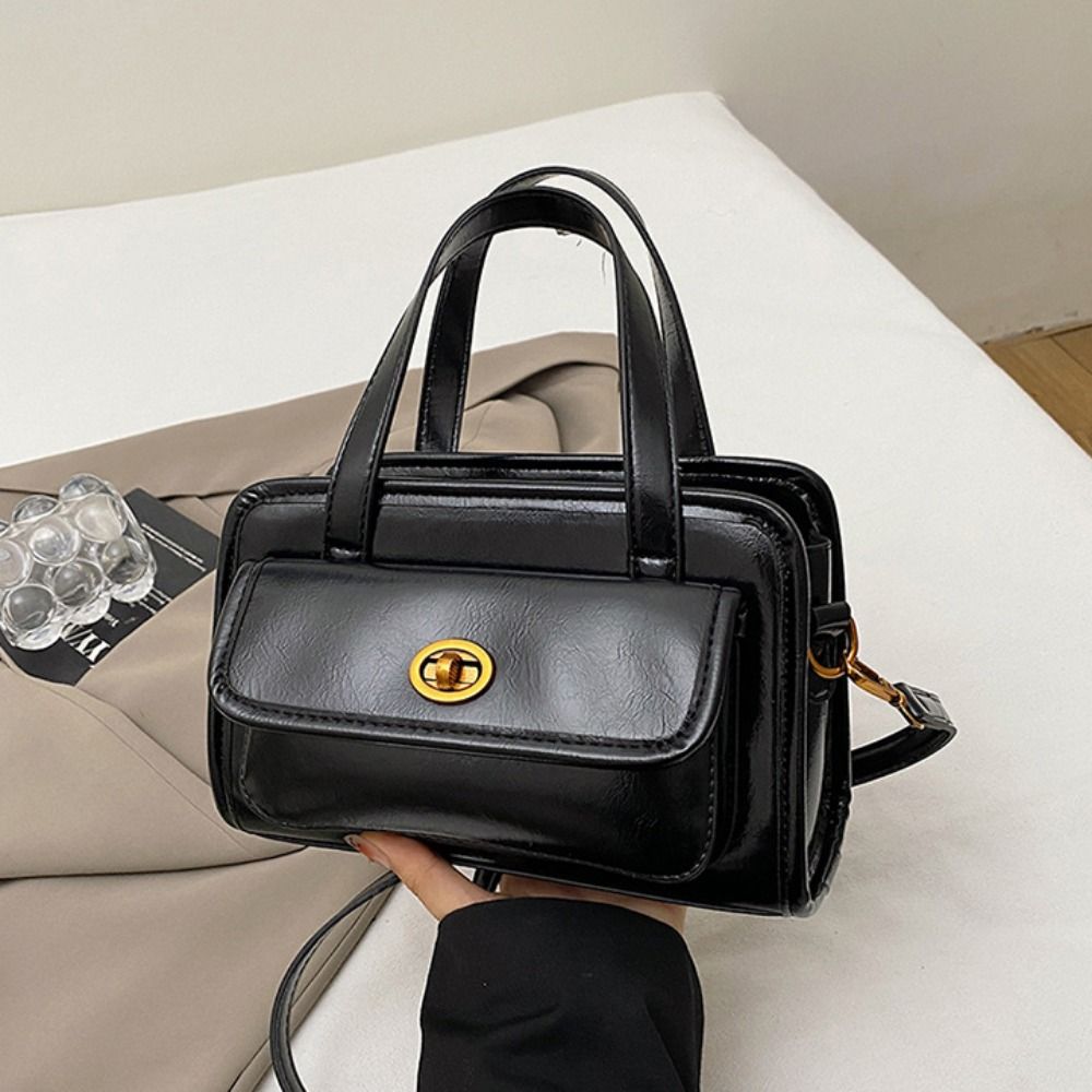 Solid Color Pocket Boston Tote Bag Handbag Underarm Bag Temperament PU Bowling Bag  Women