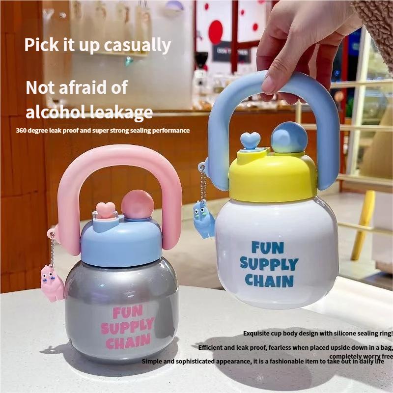 Cute Creative Plastic Cup with Handle, Dual-Drink Large Belly Cup, Student Water Bottle, Cartoon Design, Straw Included