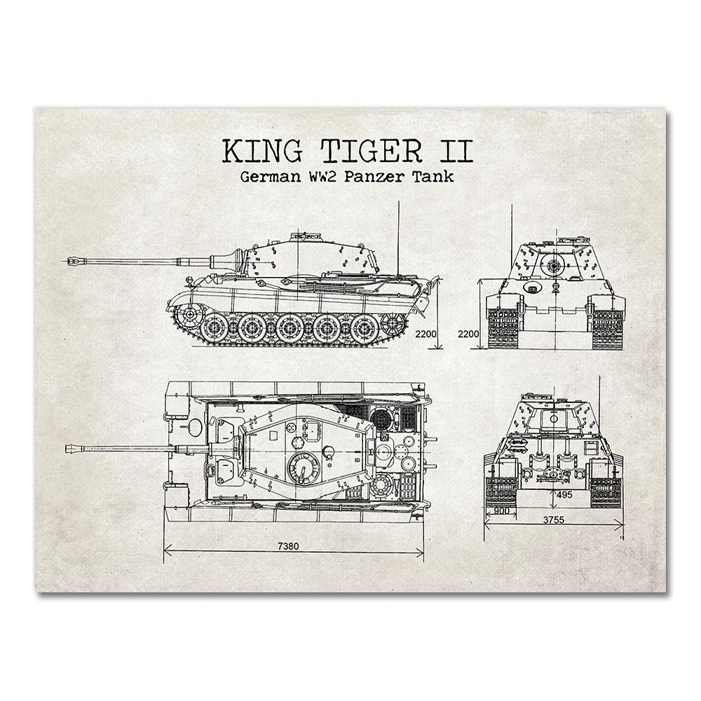 WW2 Tank Patent Vintage Posters and Prints German Tank King Tiger 2 Blueprint Art Canvas Painting Boys Gifts Wall Art Decor