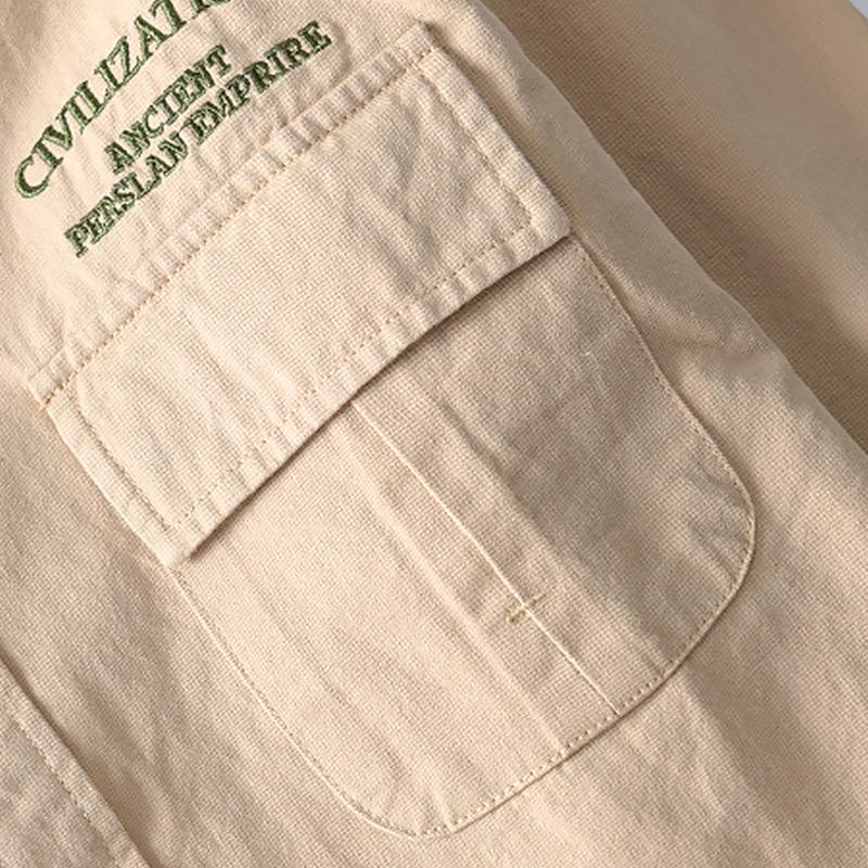 Men's Letter Print Long Sleeve Button Up Shirt Casual Loose Fit Pocket Design Workwear Style Top for Daily Wear