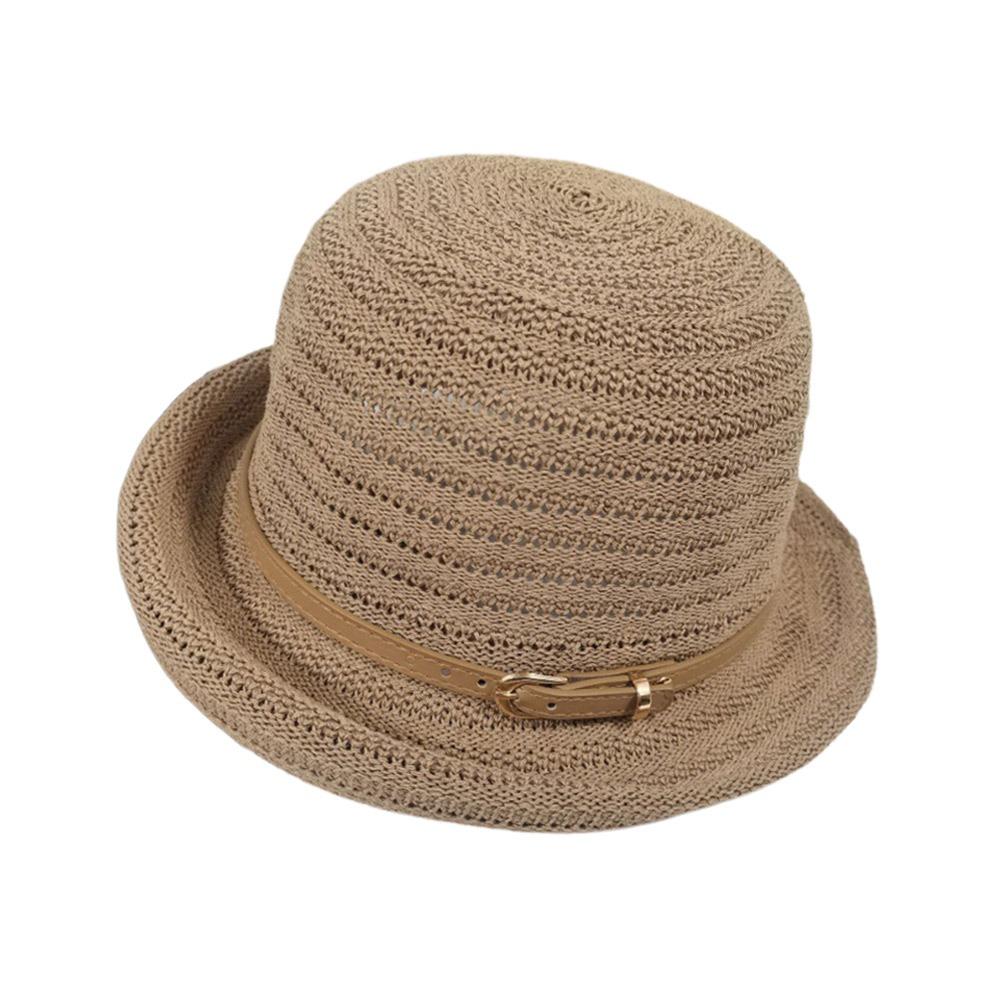 

Різнокольоровий сонцезахисний капелюх-панама з елегантною пряжкою на поясі, креативний солом яний капелюх для жінок кавовий