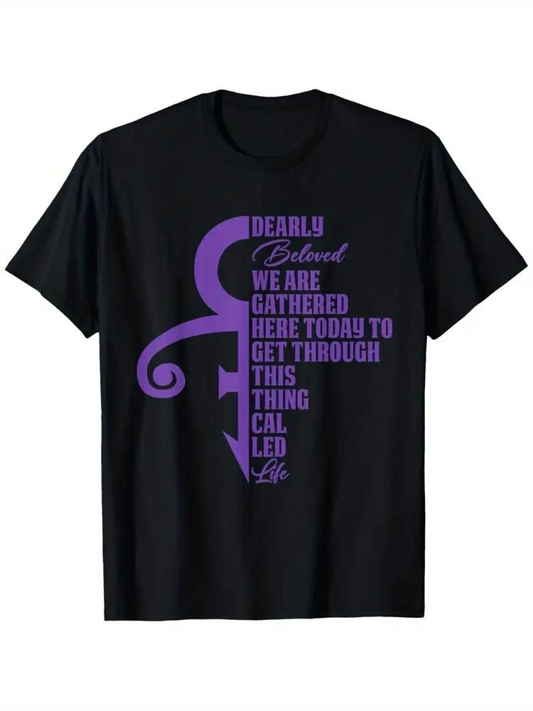 

Dearly Beloved Gathered Here Today T-Shirt - Unisex 100% Cotton, Black with Purp M