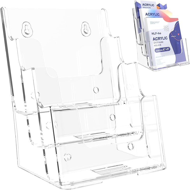 Brochure Holder 6x9 Inch 3 Tier Acrylic Literature Holders Clear Plastic Flyer Display Stand for Pamphlets, Booklets, Menus, Multi Purpose Organizer