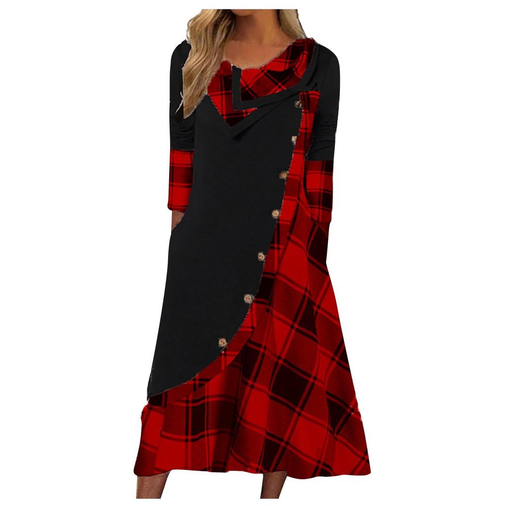 Women's Plaid Stitching Button Pockets Pile Neck Long Sleeve Dress