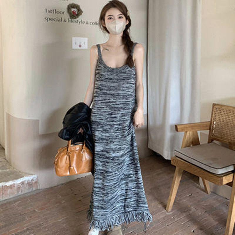 

Women s Retro Striped Knit Tassel Slip Dress for Autumn/Winter L (110-120 jin)