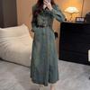 2025 Autumn Hong Kong Style Retro A-line Denim Dress: Slimming Waist-Cinch, Long Sleeve