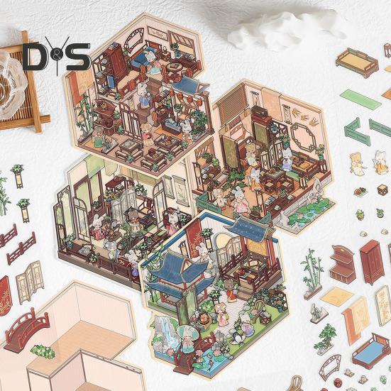 4Pcs DIY Scene Stickers 3D Miniature House Stickers Set Reusable Easy To Use DIY Projects Bookstore Scene Stickers