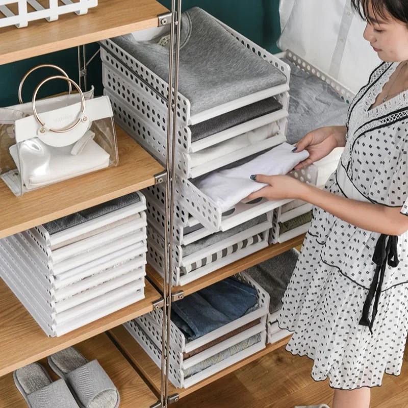Stackable Wardrobe Storage Rack Plastic Layered Partitions Clothes Closet Storage Drawer Organizer Household Storage Supplies