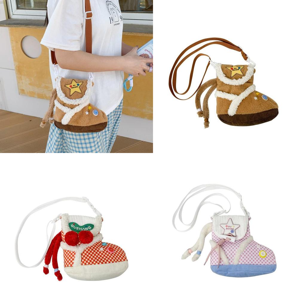 Plush Cartoon Shoe Shaped Shoulder Bag For Girls With Zipper Closure And Inner Pouch