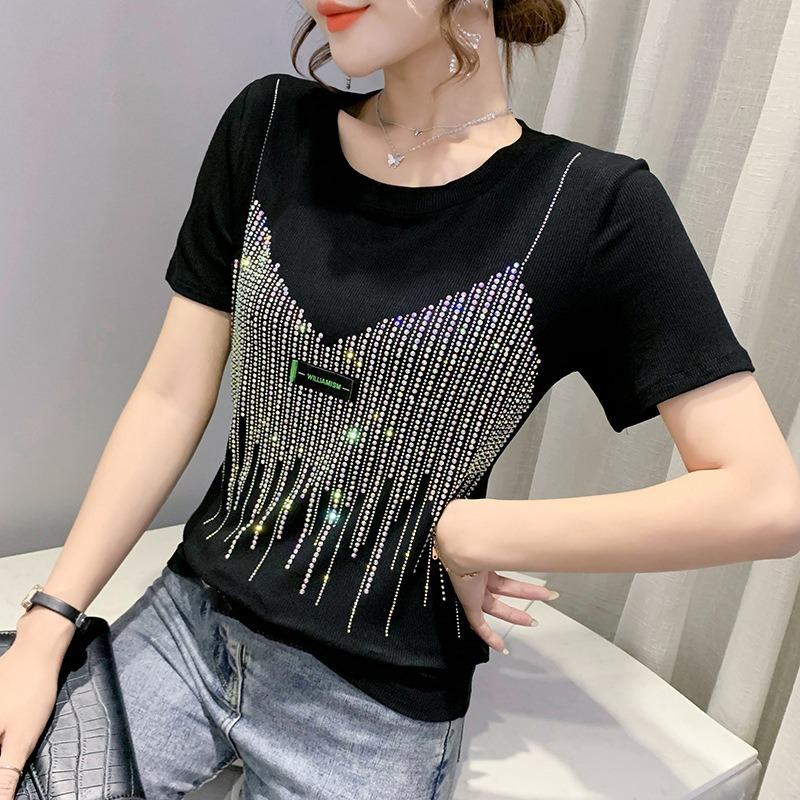 Women Casual Solid Color O-Neck Letter Labels T-shirt Summer Diamond Short Sleeve Shirts Fashion Streetwear Tees Top