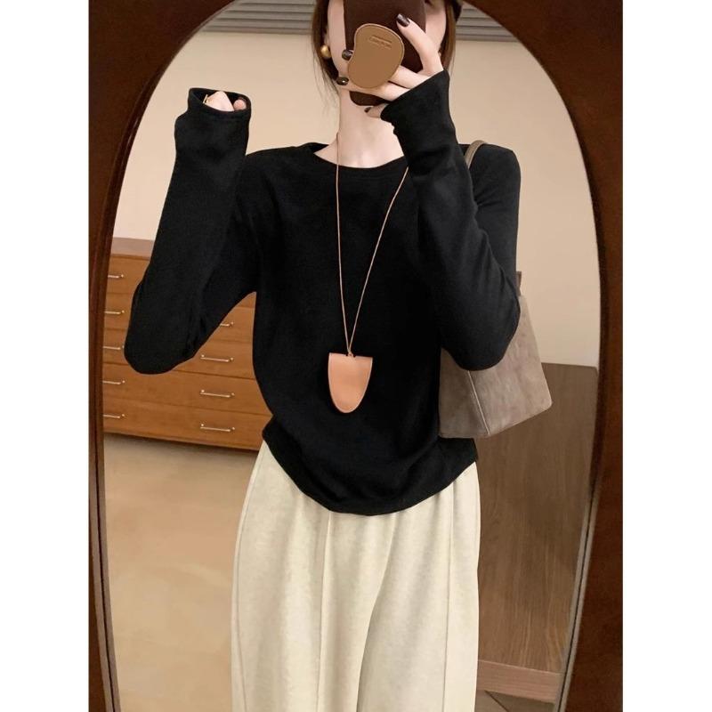 

Crew neck basic top women s spring thickened abraded inner warm long-sleeved bottoming shirt white T-shirt XL