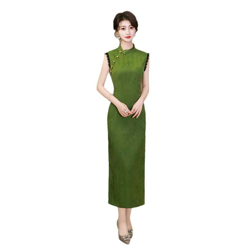 Green new Chinese long lace sleeveless Hong Kong style cheongsam 1011 summer new Miss of the Republic of China can be worn every day
