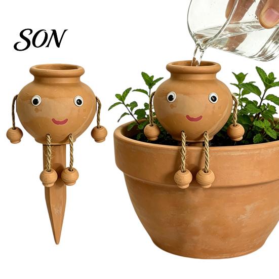 Self Watering Spikes for Potted Plants Terracotta Spike, Cute Face Plant Insert Decorative Smiling Doll Stakes Plants, Clay Automatic Waterer