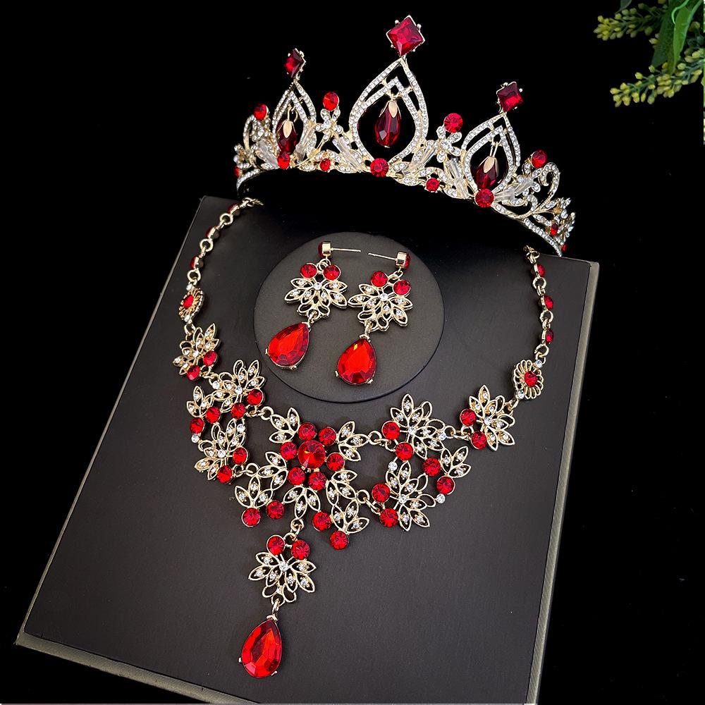 Red Bride's Crown Three Piece Set Wedding Crown  Headwear  Necklace  Earrings Korean Style Super Fairy Wedding Dress Accessories