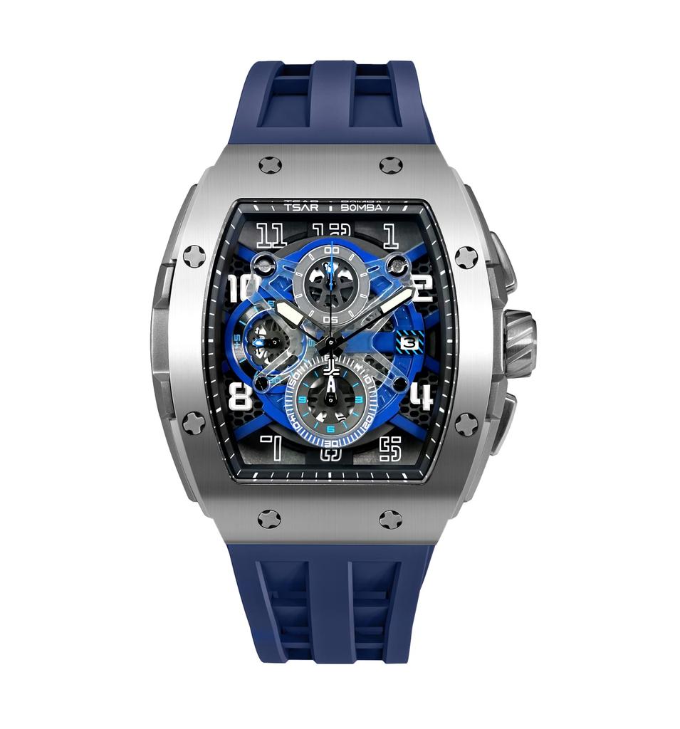 TSAR BOMBA Men's Watch 50M Water-Resistant Tonneau Dial Luxury Sapphire Crystal Silicone Strap