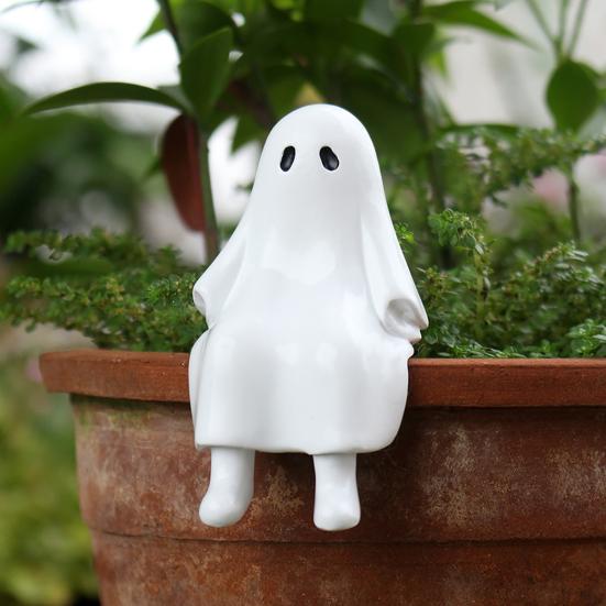 Sitting Ghost Figurine Halloween Ghost Statue Resin Desk Ghost Ornament for Indoor Planter Bookshelf Cabinet Decoration