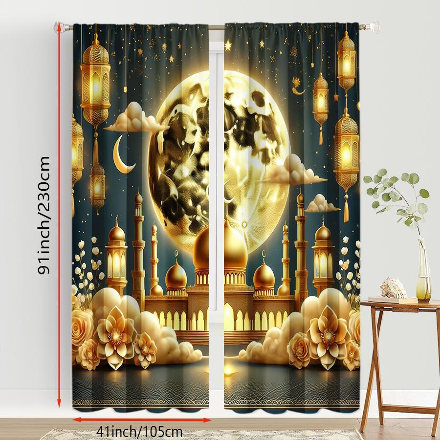 2PCS Gilded Moonnight Islamic Festival Curtains   Luxury Style   Bedroom and Living Room   Drawbar Pocket Decoration