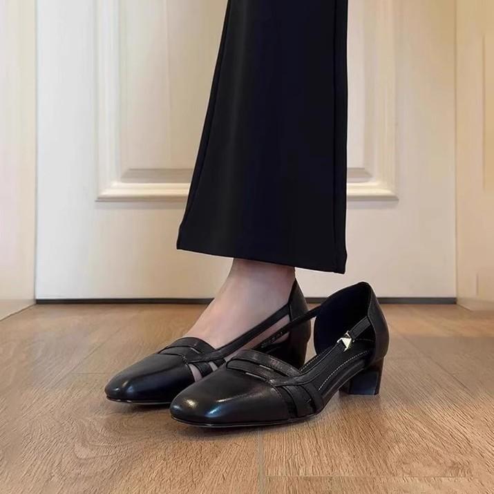 Sheepskin version~ retro hollow shallow mouth breathable sandals women's one foot literary style low heel commuting sheepskin, single shoes