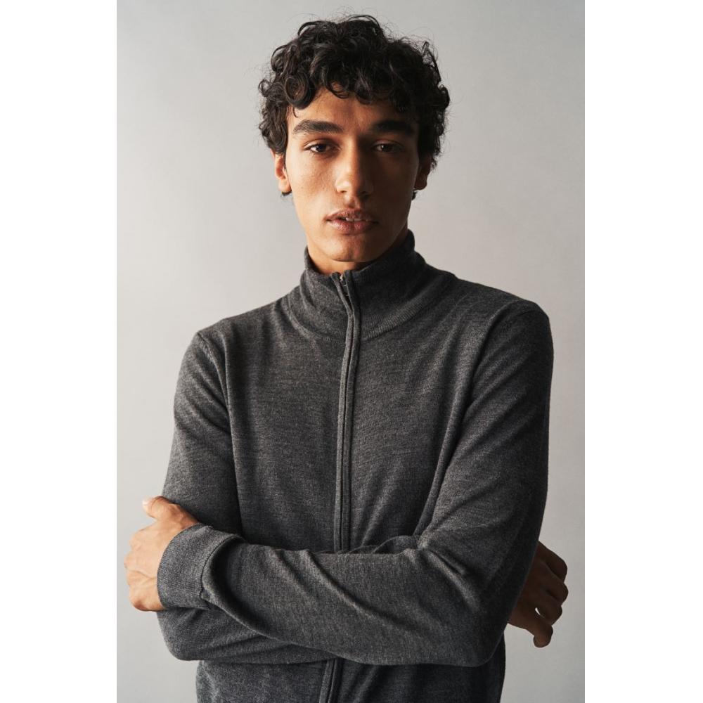 H M sliM Fit Merino Wool Zip Up Cardigan Dark Grey