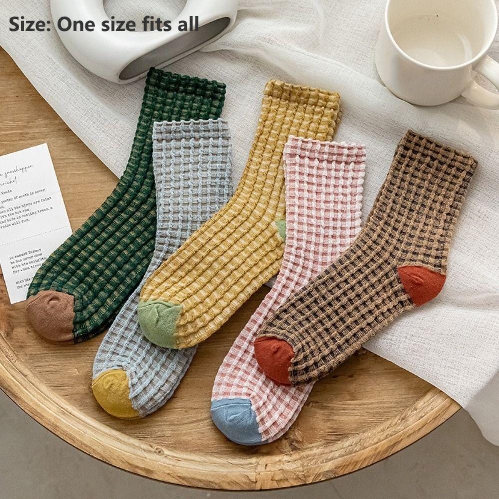 5 Pairs Knit Pattern Crew Socks Mid Calf Comfortable Daily Socks Cotton Socks Daily Casual