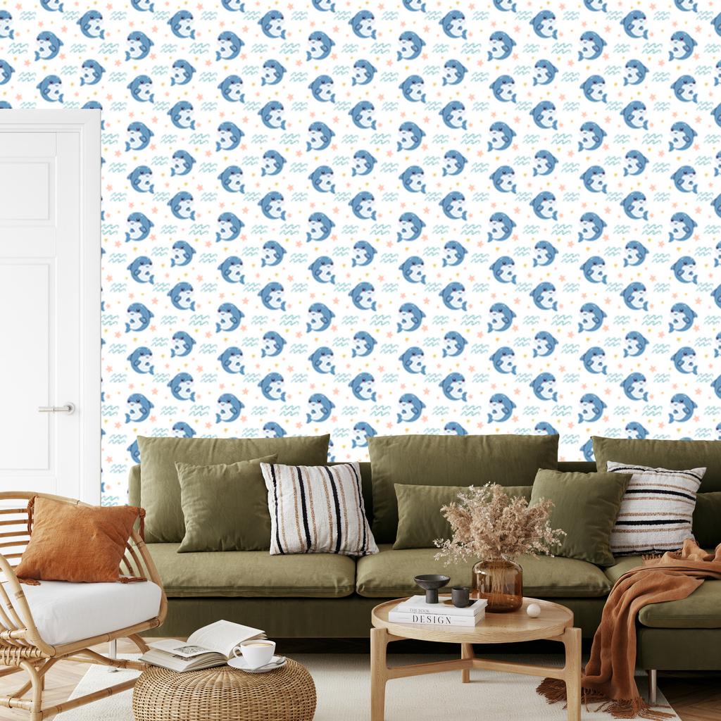 Dolphins Wallpaper White and Azure for Living Room and Bedroom 50x1000