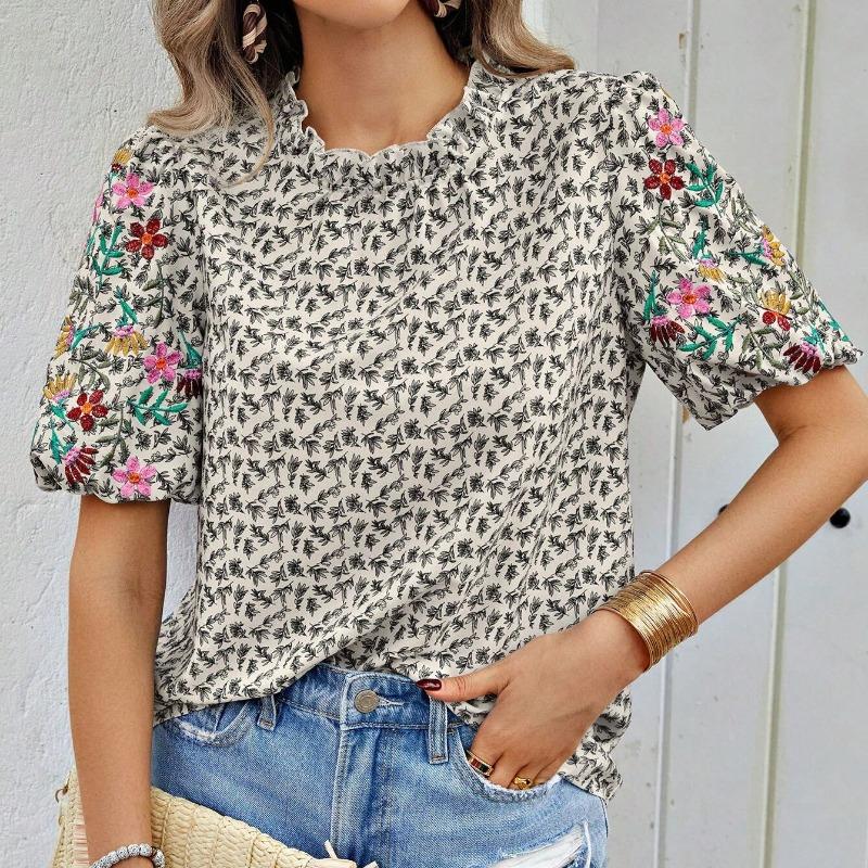 Summer New Embroidered Printed Loose Women's Shirts Short Sleeve Fashion Elegant Blouse Women Tops Stand Collar Slim Fit Shirt Female Clothing 26429