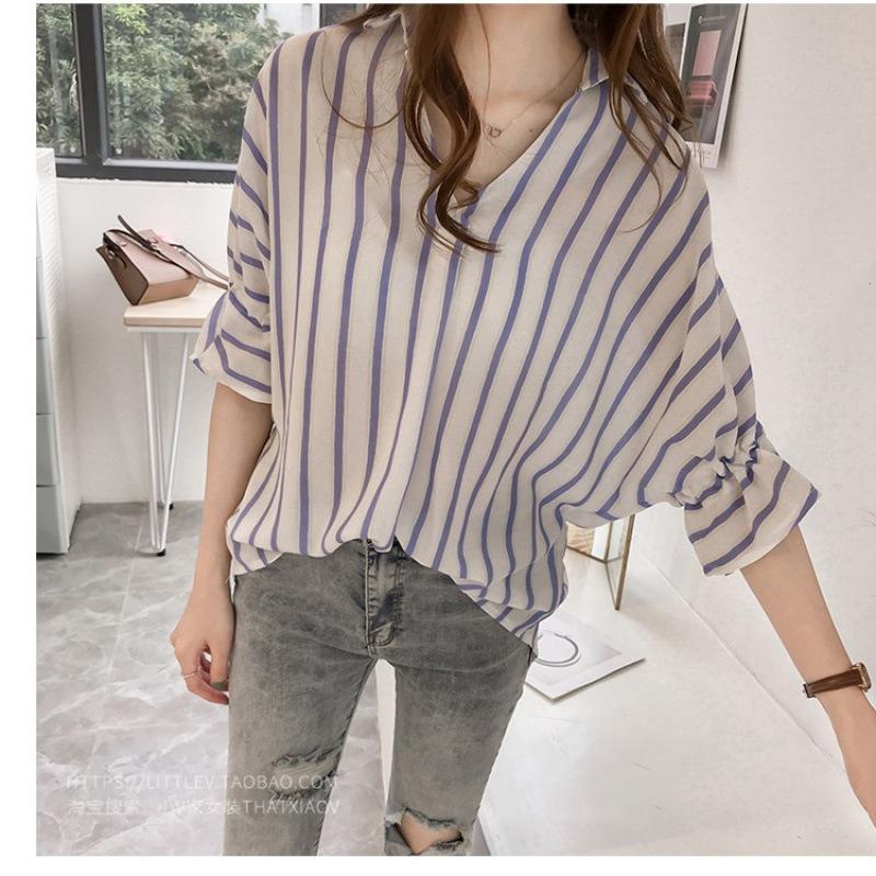 1116 Spring New Han Fan Lace-up Seven-Sleeve Striped Shirt Women's Loose Casual Chiffon Bottom Top Women's
