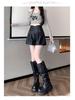 Women's PU Leather High-Waist Wide-Leg A-line Shorts - Autumn/Winter 2024 Korean Style Fashion.