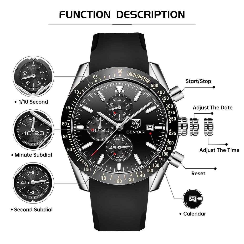 BY BENYAR Chronograph Analog 30M Water Leather Strap Quartz Black and Perfect Gift for Men Men's Watch, Resistant, Simple, Stylish, Popular, Formal,